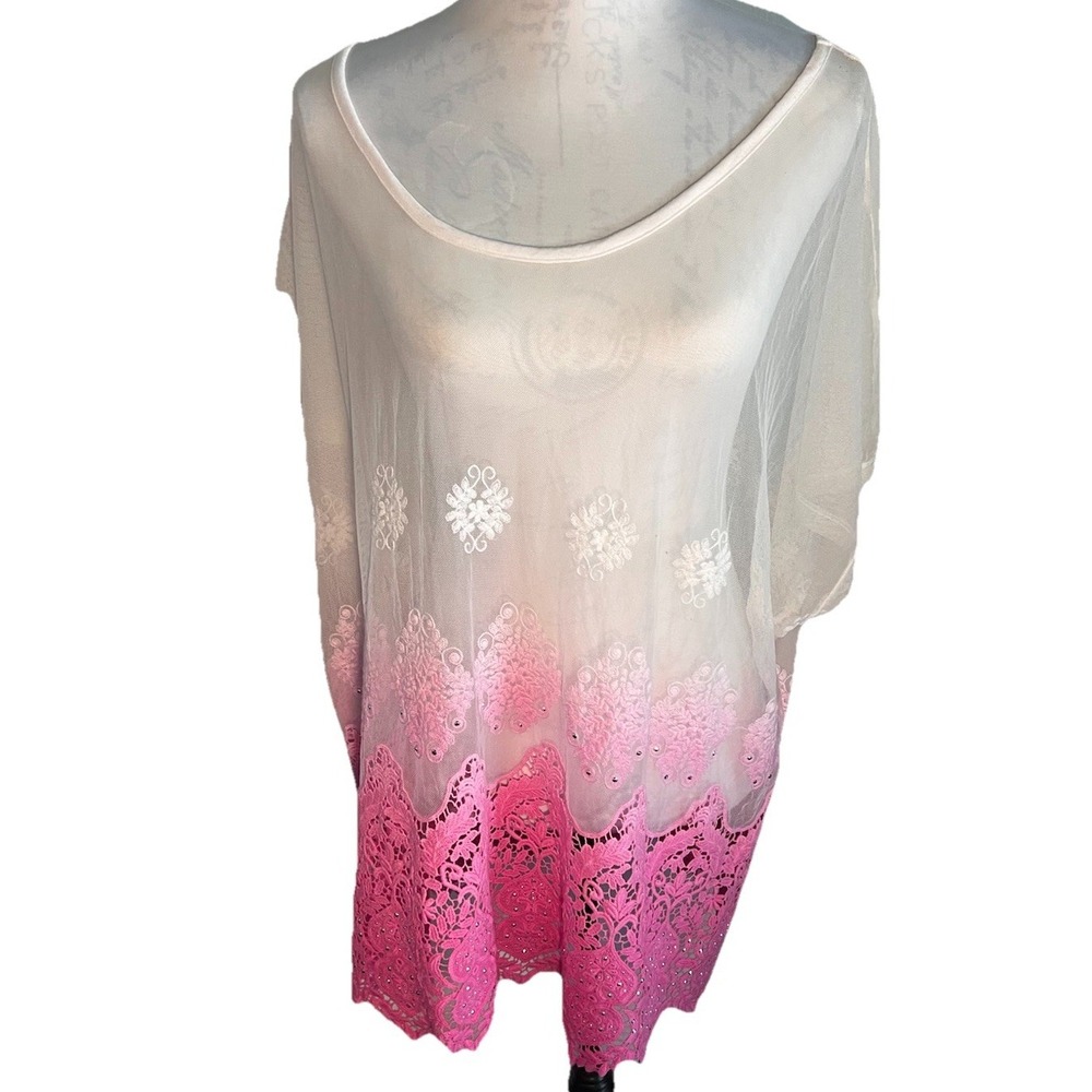 I.N.C. Pink White Silver Sequin Sheer Chiffon Open Geo Embroidery Tunic 2X